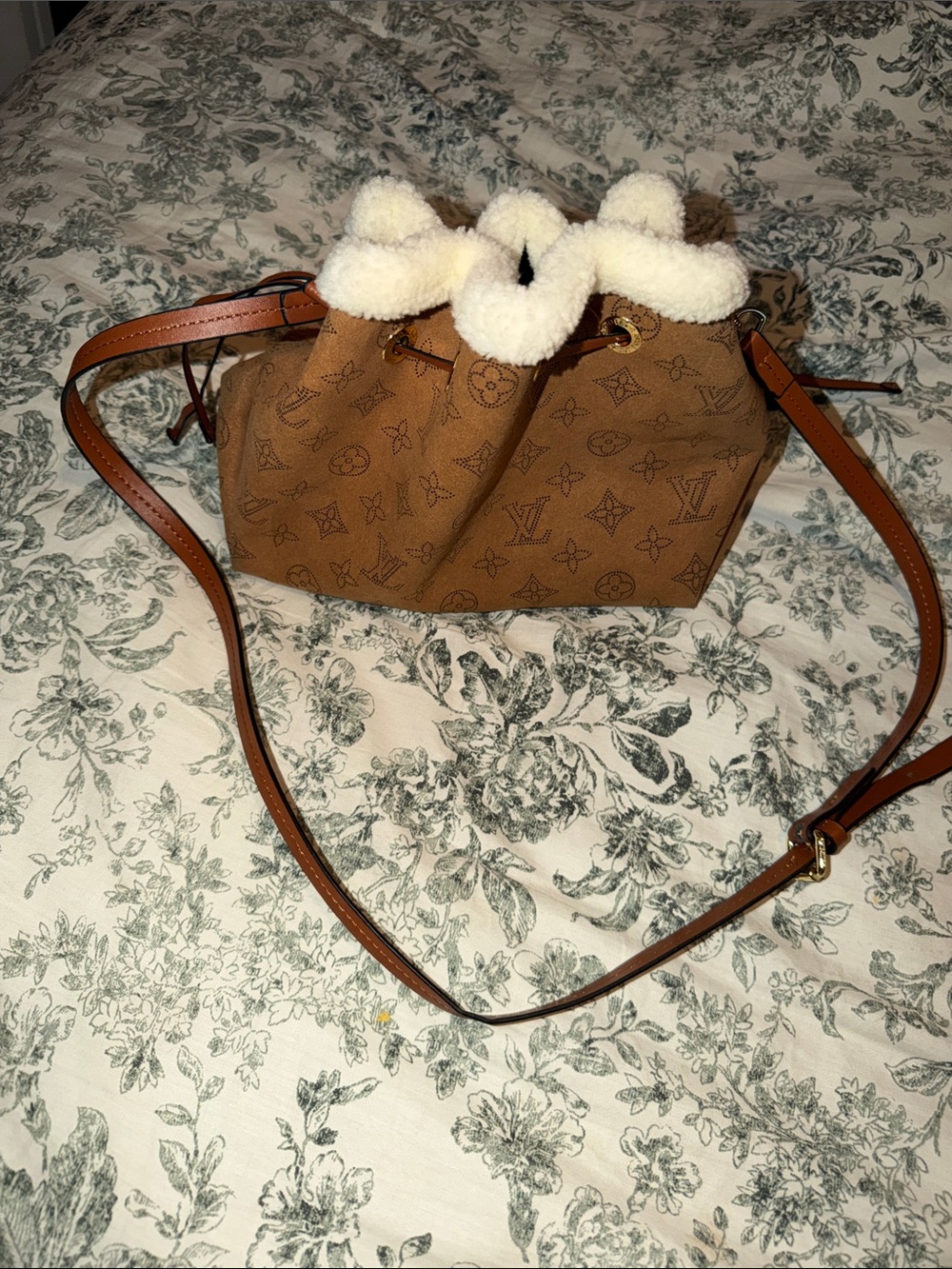 Brown Monogram Drawstring Bucket Bag with Shearling Trim